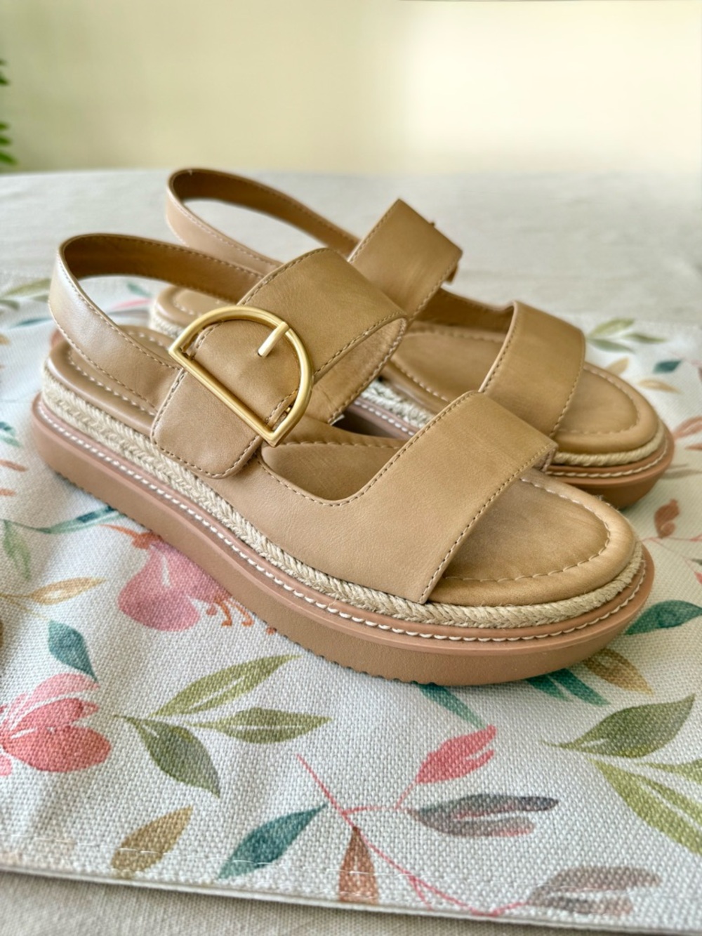 Crown Vintage Tan Slingback Platform Sandals with Gold Buckle